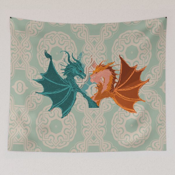 Aperçu de l'œuvre Motif Dragons amoureux sur treillis - Blush et menthe créée et vendue par Eejee-SK.