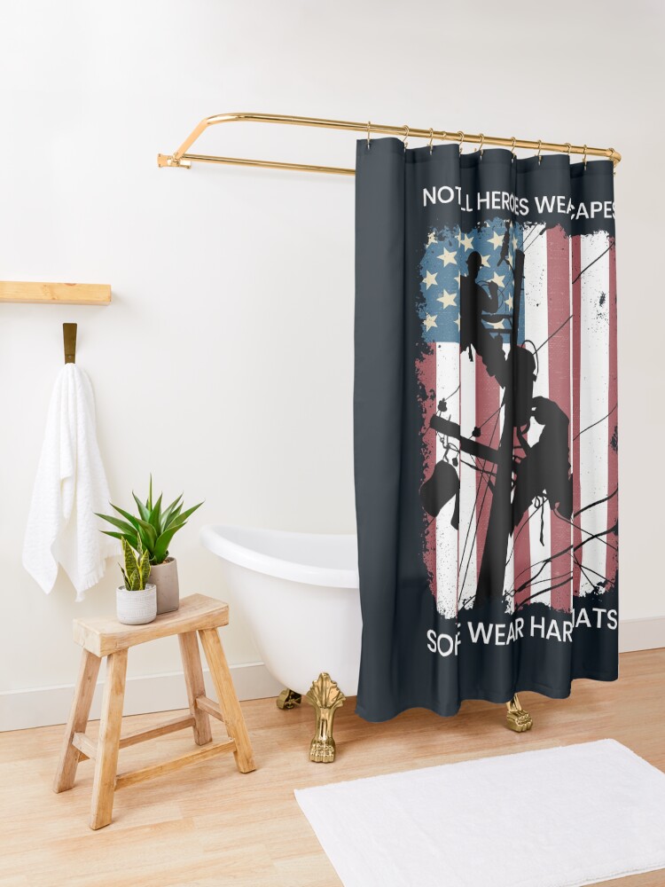 Thumbnail 3 of 5, Shower Curtain, Cool Retro American Lineman Silhouette - Patriotic Electrical Lineworker Art designed and sold by LineXpressions.