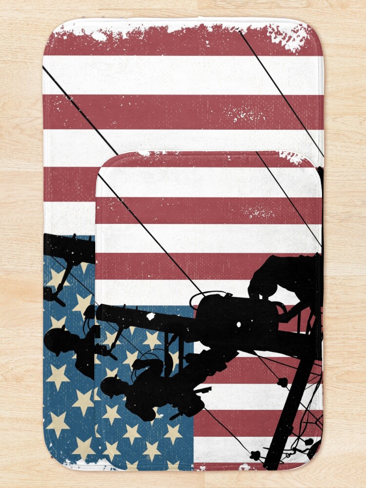 Thumbnail 5 of 6, Bath Mat, Cool Retro American Lineman Silhouette - Patriotic Electrical Lineworker Art designed and sold by LineXpressions.