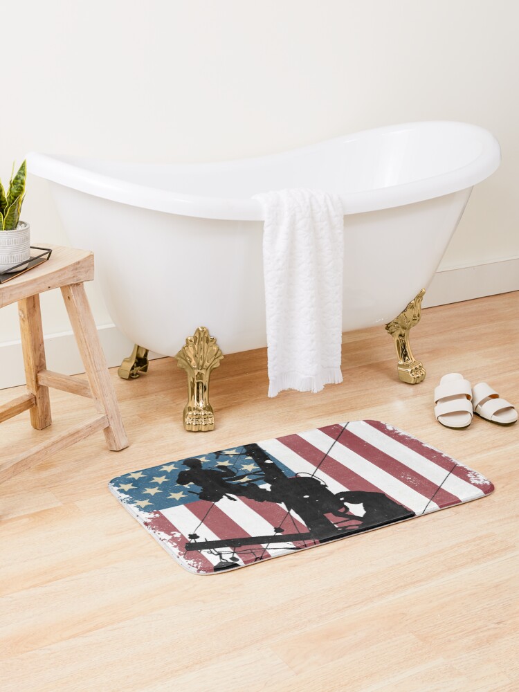 Thumbnail 1 of 6, Bath Mat, Cool Retro American Lineman Silhouette - Patriotic Electrical Lineworker Art designed and sold by LineXpressions.