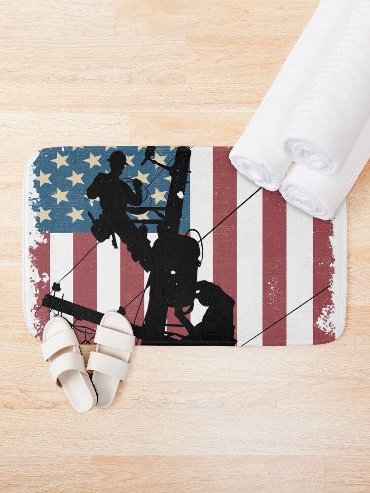 Thumbnail 2 of 6, Bath Mat, Cool Retro American Lineman Silhouette - Patriotic Electrical Lineworker Art designed and sold by LineXpressions.