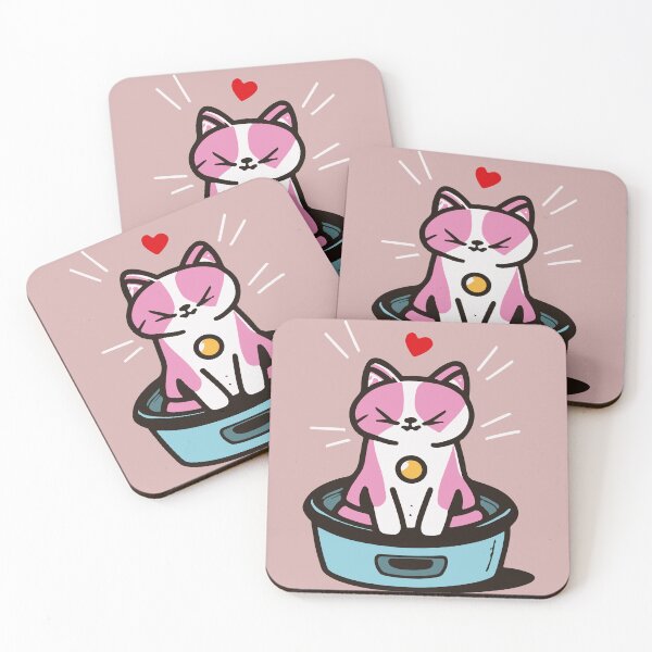 Item preview, cute and smiley pink cat sitting in its cat litter box designed and sold by The  Knick Knack Nook.