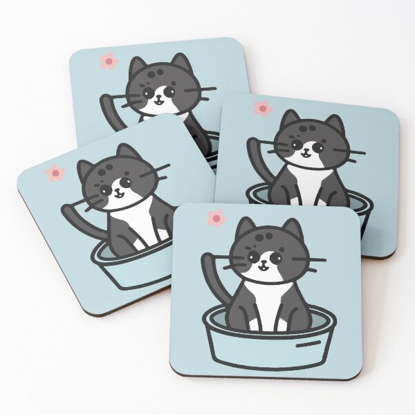 Item preview, cute and smiley black cat sitting in its cat litter box designed and sold by The  Knick Knack Nook.