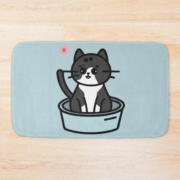 Item preview, cute and smiley black cat sitting in its cat litter box designed and sold by The  Knick Knack Nook.
