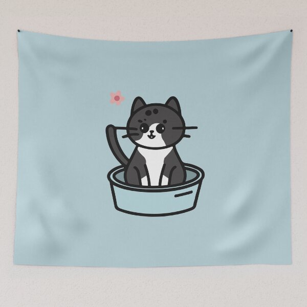 Item preview, cute and smiley black cat sitting in its cat litter box designed and sold by The  Knick Knack Nook.