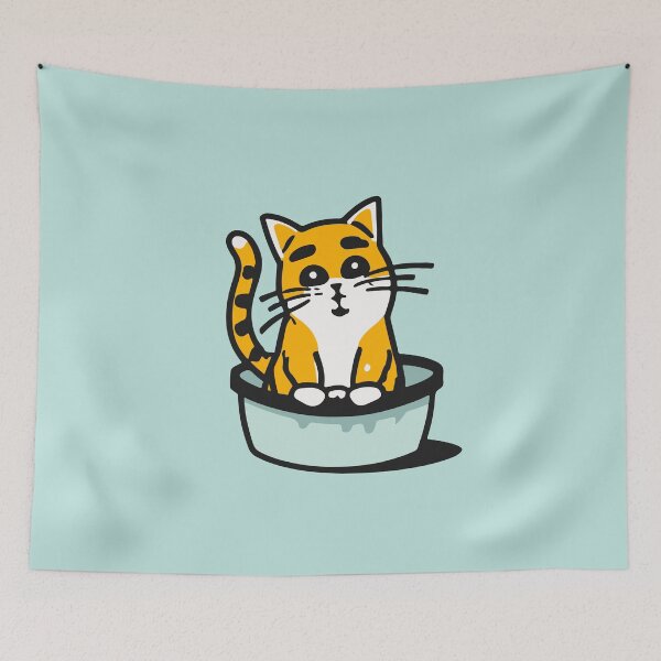 Item preview, cute and smiley black cat sitting in its cat litter box designed and sold by The  Knick Knack Nook.