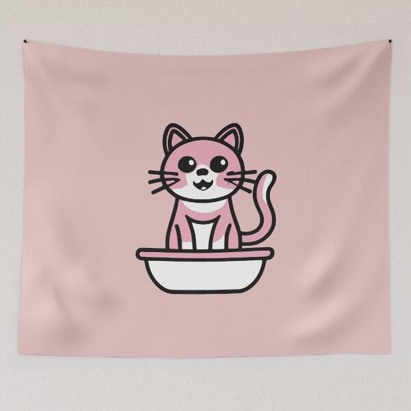 Item preview, cute and smiley pink cat sitting in its cat litter box designed and sold by The  Knick Knack Nook.