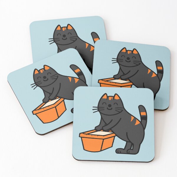 Item preview, cute and smiley black cat sitting in its cat litter box designed and sold by The  Knick Knack Nook.