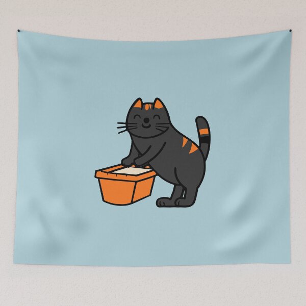 Item preview, cute and smiley black cat sitting in its cat litter box designed and sold by The  Knick Knack Nook.