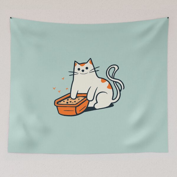 Item preview, cute and smiley black cat sitting in its cat litter box designed and sold by The  Knick Knack Nook.