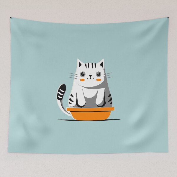 Item preview, cute and smiley black cat sitting in its cat litter box designed and sold by The  Knick Knack Nook.