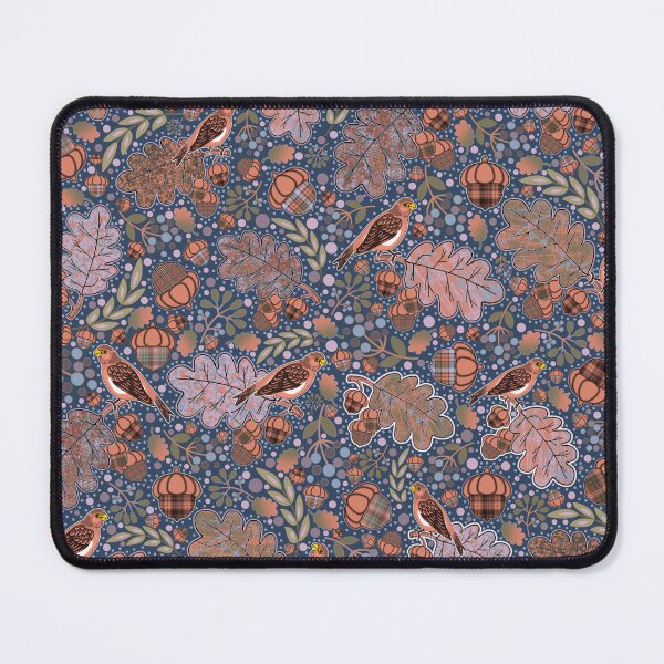 Item preview, Brown Finches, Mighty Oak Leaves, Late Fall Foliage and Plaid Acorns on Blue designed and sold by GreenCarbon2112.