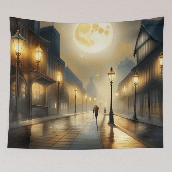 Item preview, Moonlight Night Cityscape with Lone Traveler designed and sold by Vicky Brago-Mitchell®.