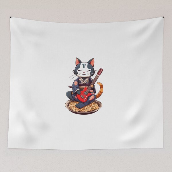 Item preview, Cat guitar samurai japan with ramen designed and sold by KorArtStudio.