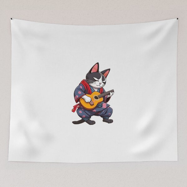 Item preview, Cute Cat guitar samurai japan in kimono designed and sold by KorArtStudio.