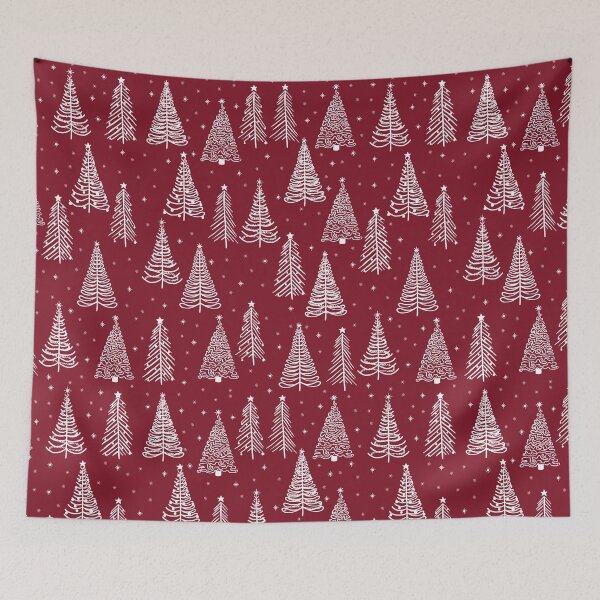 Item preview, White Christmas trees with decorations stars and snowflakes on burgundy designed and sold by MoorePatterns.