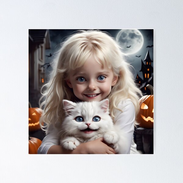 Blond girl sitting and holding a young cat available as Framed