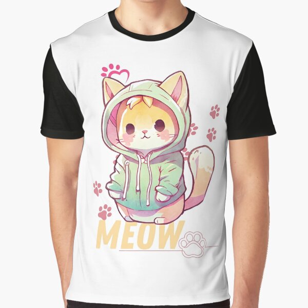 T-Shirt with Cute Anime Cat & Fish Print - White / L