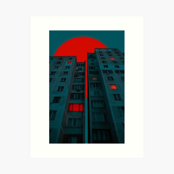 Item preview, Red sun and brutalistic buildings designed and sold by NinaNayko.