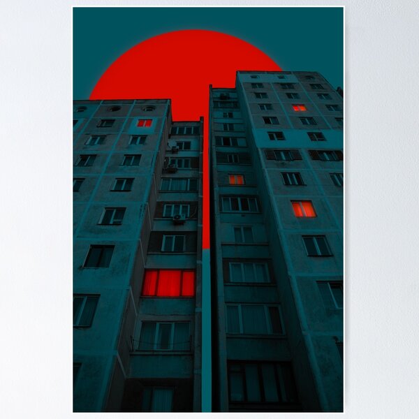 Vista previa del artículo con la obra «Sol rojo y edificios brutalistas.», diseñado y vendido por NinaNayko.