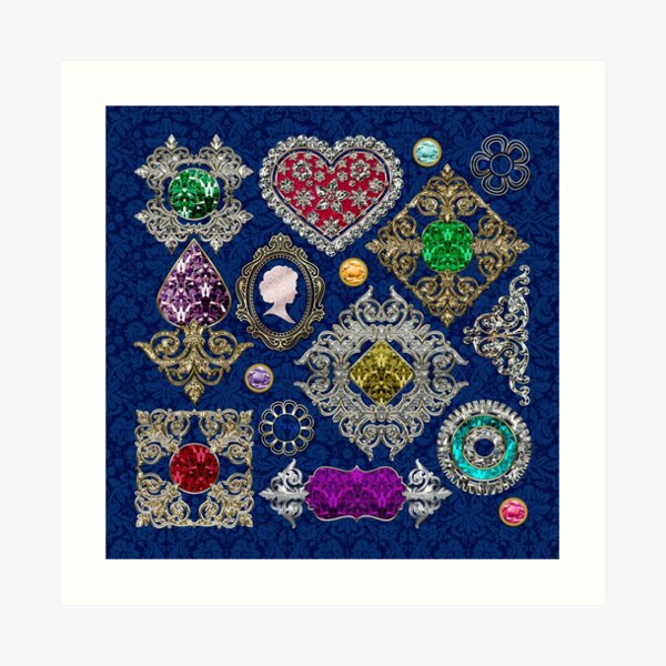 Gorgeous Victorian Jewelry Brooch Gemstone Collage Art Print