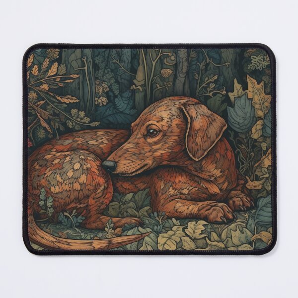 Item preview, Brown Dachshund Relaxing In The Forest, William Morris Style  designed and sold by SapphireKunai.