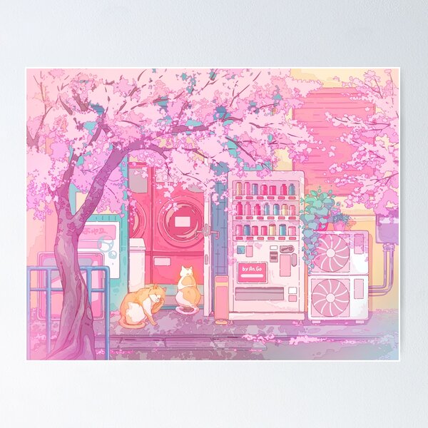 Item preview, Cute red cats at the laundry store and pink cherry blossom designed and sold by AnGoArt.