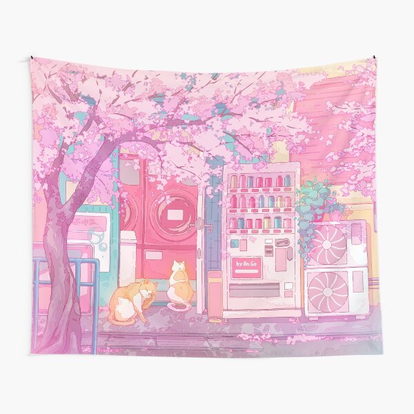 Item preview, Cute red cats at the laundry store and pink cherry blossom designed and sold by AnGoArt.