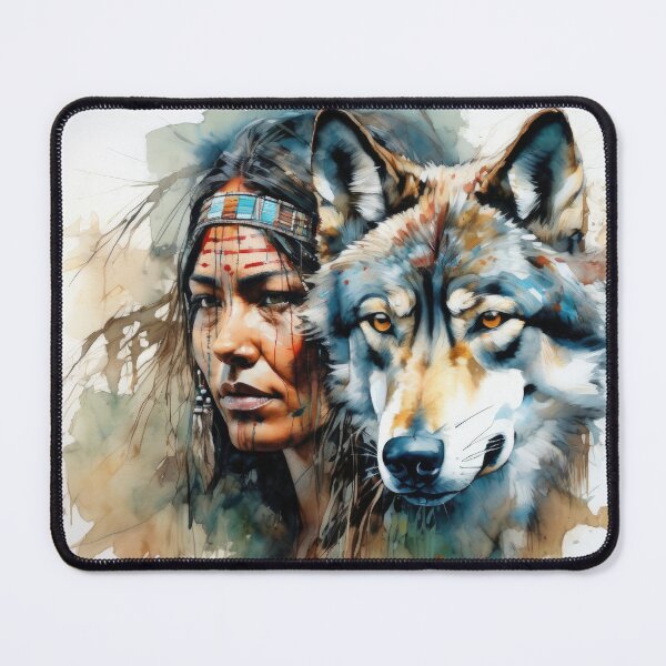 Item preview, Native American Woman and Wolf Portrait designed and sold by BeepBoopAIBoobs.