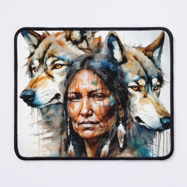 Item preview, Native American Woman and Wolf Portrait designed and sold by BeepBoopAIBoobs.