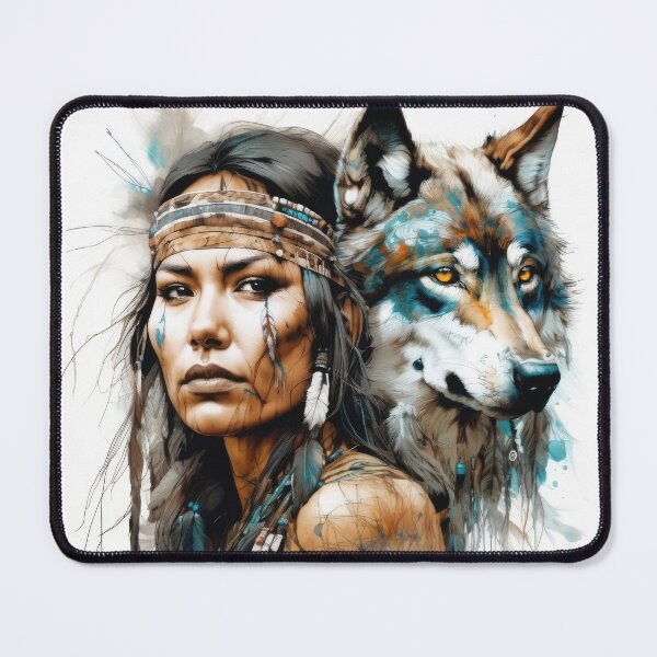 Item preview, Native American Woman and Wolf Portrait designed and sold by BeepBoopAIBoobs.
