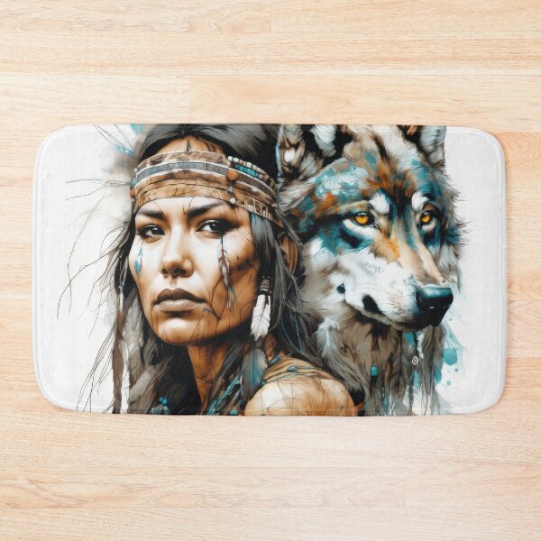 Item preview, Native American Woman and Wolf Portrait designed and sold by BeepBoopAIBoobs.