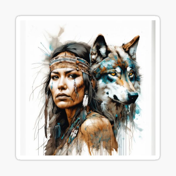 Item preview, Native American Woman and Wolf Portrait designed and sold by BeepBoopAIBoobs.