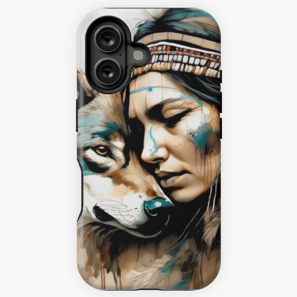 Item preview, Native American Woman and Wolf Portrait designed and sold by BeepBoopAIBoobs.