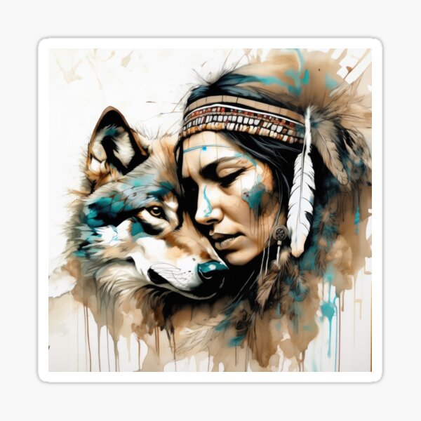 Item preview, Native American Woman and Wolf Portrait designed and sold by BeepBoopAIBoobs.