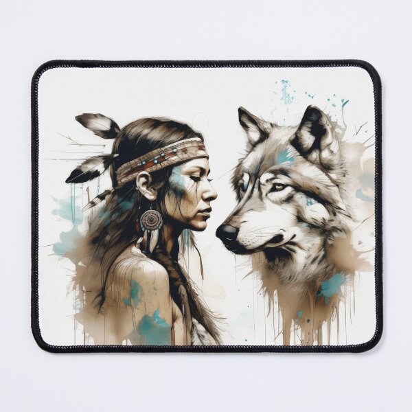 Item preview, Native American Woman and Wolf Portrait designed and sold by BeepBoopAIBoobs.