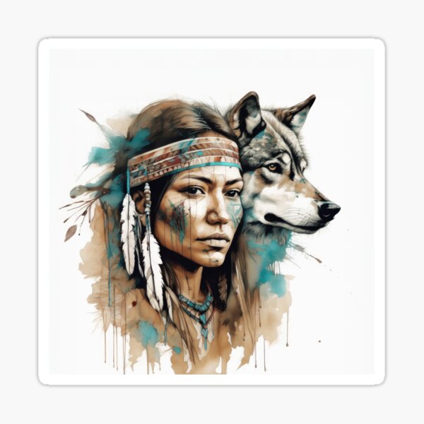 Item preview, Native American Woman and Wolf Portrait designed and sold by BeepBoopAIBoobs.