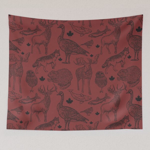 Item preview, Rustic Canadian Mixed Animal Pattern with Moose, Elk, Wolf, on red designed and sold by Sam Posnick.