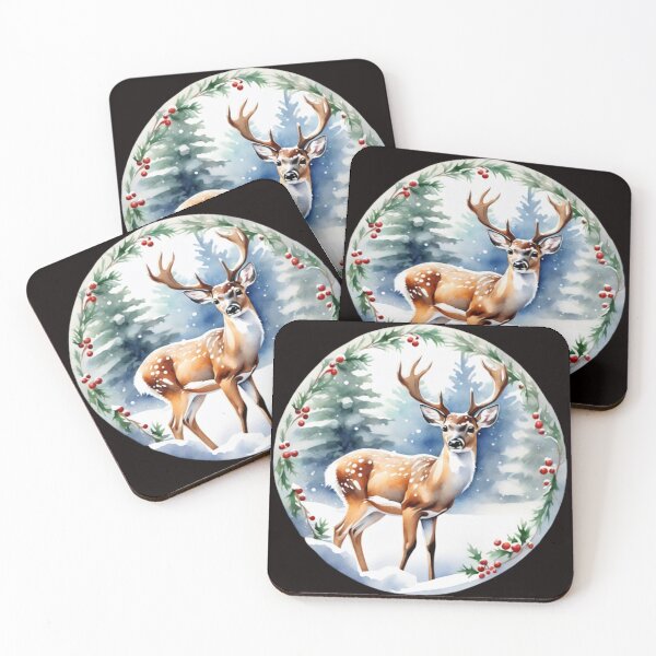 Item preview, watercolor. Christmas circle cute cartoonish white tail deer standing in snow designed and sold by aipaint.