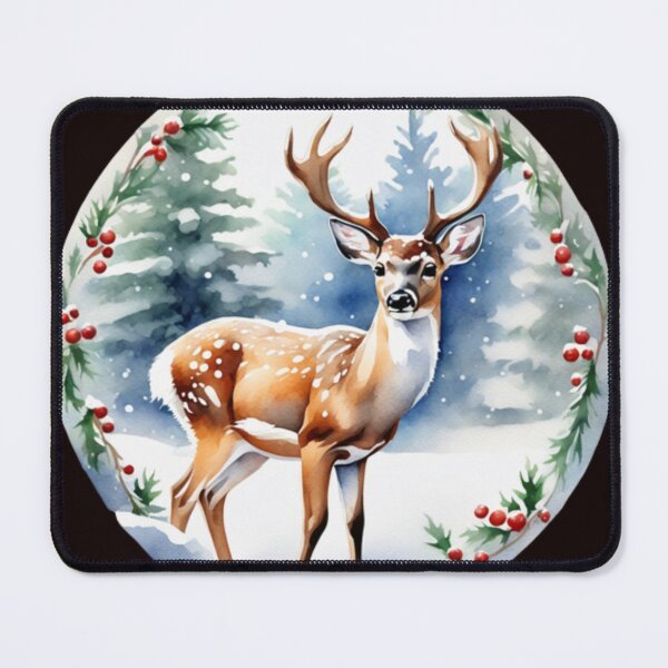 Item preview, watercolor. Christmas circle cute cartoonish white tail deer standing in snow designed and sold by aipaint.