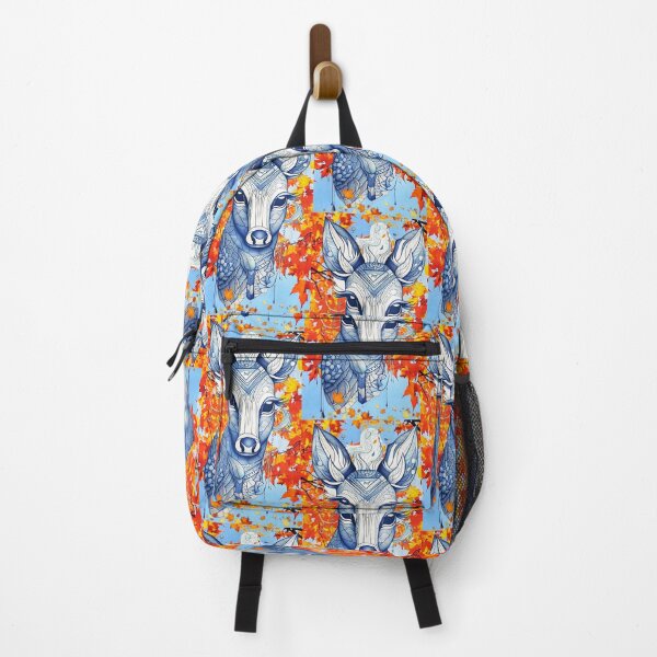Item preview, Fawn in stylized geometric portrait, in blue, against a backdrop of orange-brown autumn leaves designed and sold by Creativesphotos.