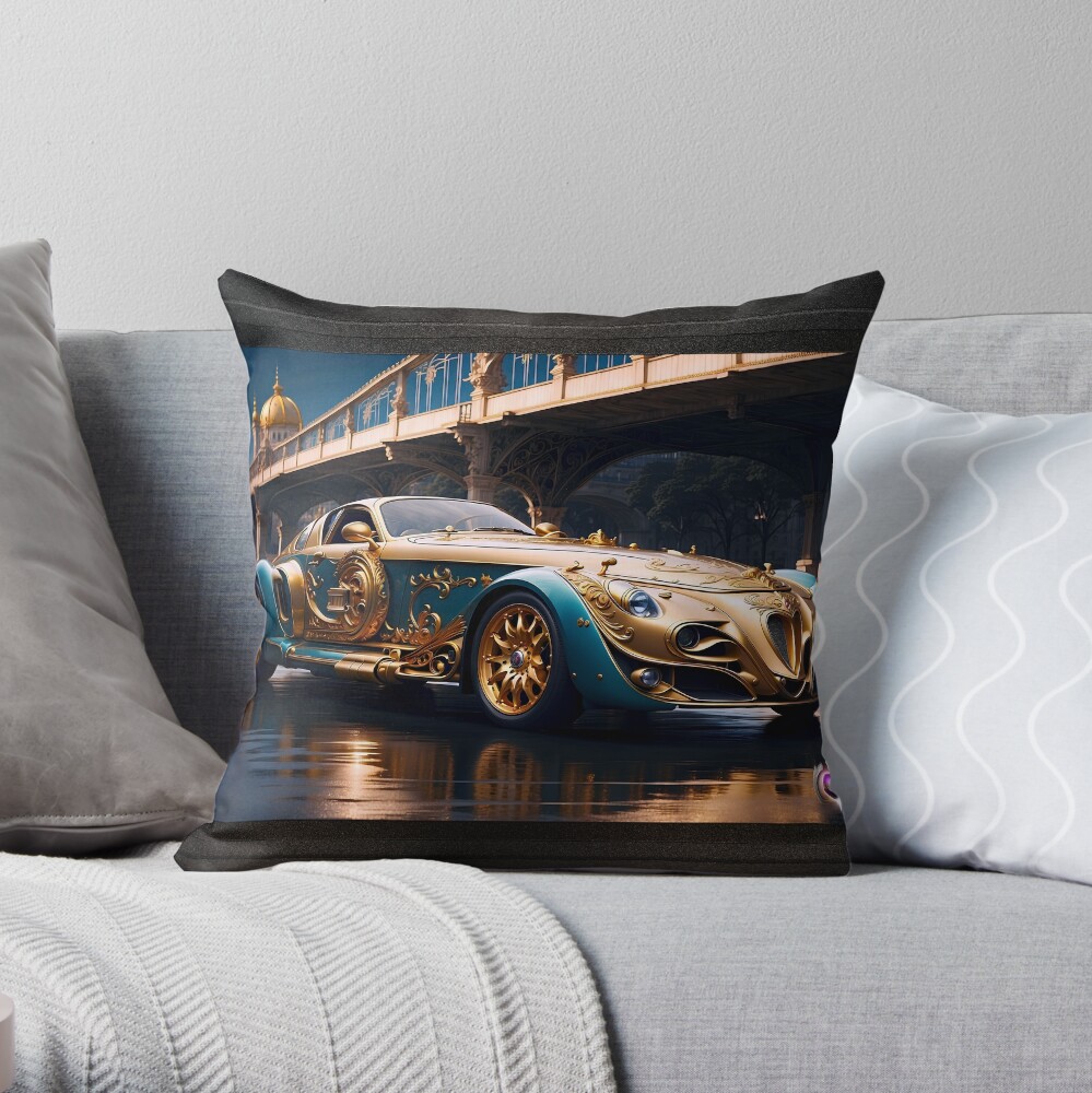 Trident Triumphant Calacinni Baroque Nouveau Golden Blue Sports Coupe AI Concept Art by Xzendor7 - Luxury Sports Car 2 The Trident Triumphant Calacinni Baroque Nouveau Golden Blue Sports Coupe AI Concept Vehicle Art by Xzendor7 Decorative Throw Pillow Art Print