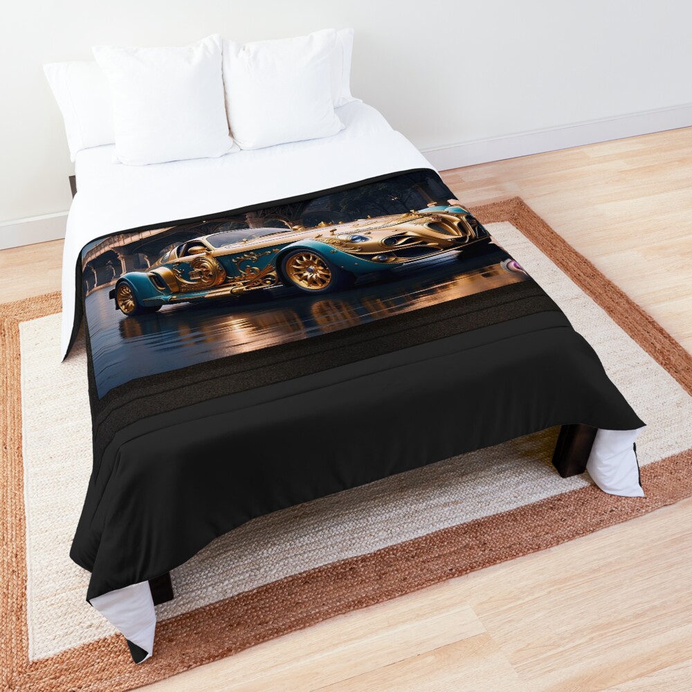 Trident Triumphant Calacinni Baroque Nouveau Golden Blue Sports Coupe AI Concept Art by Xzendor7 - Luxury Sports Car 3 The Trident Triumphant Calacinni Baroque Nouveau Golden Blue Sports Coupe AI Concept Vehicle Art by Xzendor7 Decorative Comforter Art Print