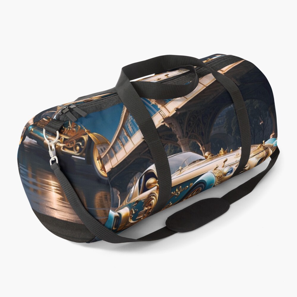 Trident Triumphant Calacinni Baroque Nouveau Golden Blue Sports Coupe AI Concept Art by Xzendor7 - Luxury Sports Car 4 The Trident Triumphant Calacinni Baroque Nouveau Golden Blue Sports Coupe AI Concept Vehicle Art by Xzendor7 Decorative Duffle Bag Art Print