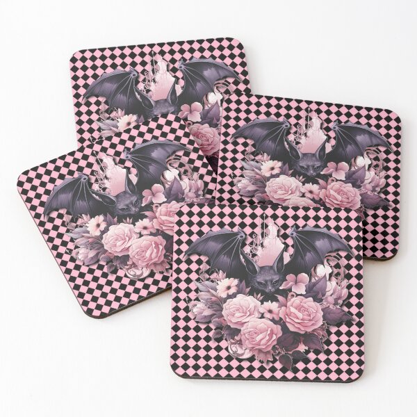 Item preview, Watercolor BAT, Flowers, black and pink rhombuses in the background designed and sold by Sunmoonlove.