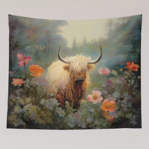 Item preview, Highland Cow in a Forest Meadow designed and sold by Peonysunday.