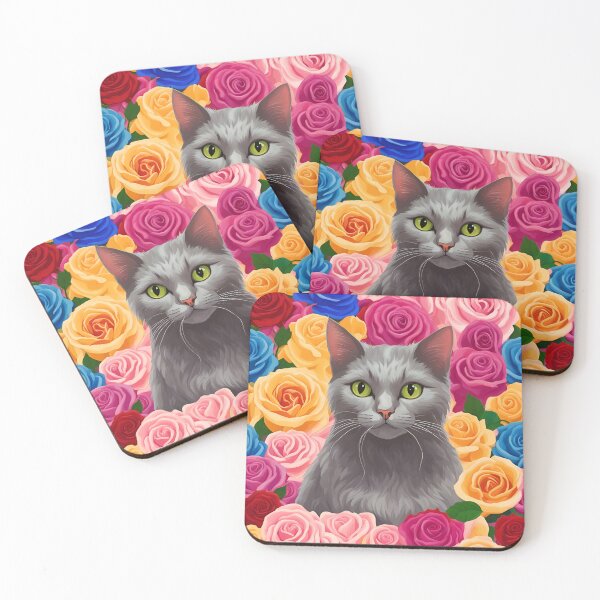 Item preview, Gray Cat with Rainbow Roses Background designed and sold by Shelley Loewnau-Jones Studio.