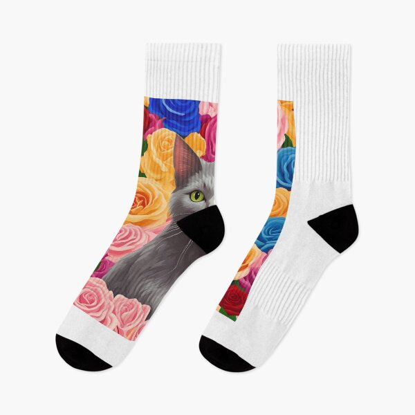 Item preview, Gray Cat with Rainbow Roses Background designed and sold by Shelley Loewnau-Jones Studio.
