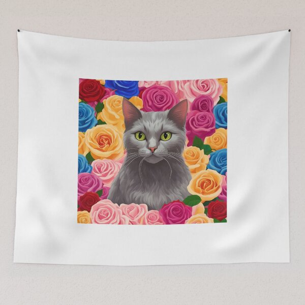 Item preview, Gray Cat with Rainbow Roses Background designed and sold by Shelley Loewnau-Jones Studio.