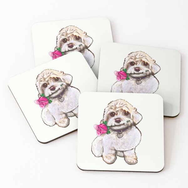 Item preview, white Cavapoo cavoodle with red rose - puppy dog  - cavalier king charles spaniel poodle, dog Valentine’s day designed and sold by Artonmytee.